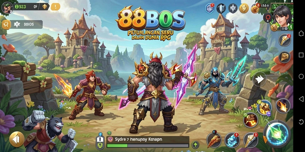 Screenshot gameplay RPG dari 88BOS yang menampilkan pertarungan epik.