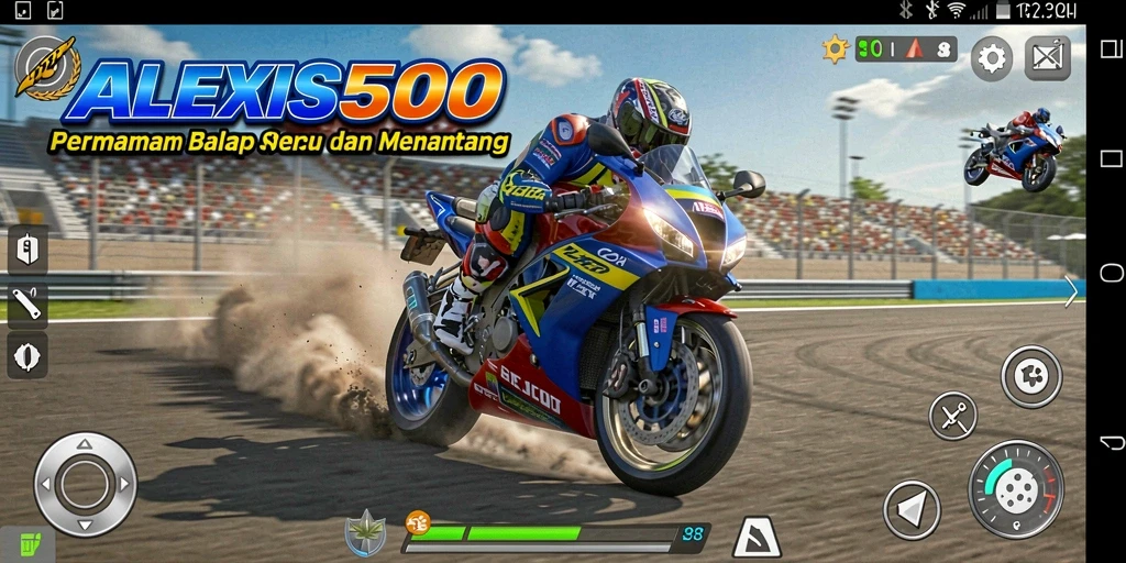 Screenshot ALEXIS500 menampilkan aksi balap motor yang mendebarkan.