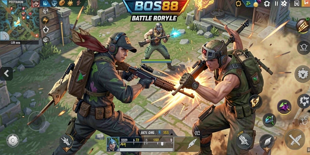 Screenshot menunjukkan aksi seru gameplay Battle Royale di BOS88.
