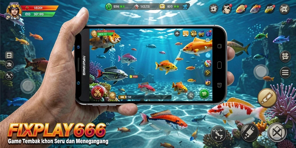 Screenshot menampilkan gameplay seru dalam FIXPLAY666 saat menembak ikan.