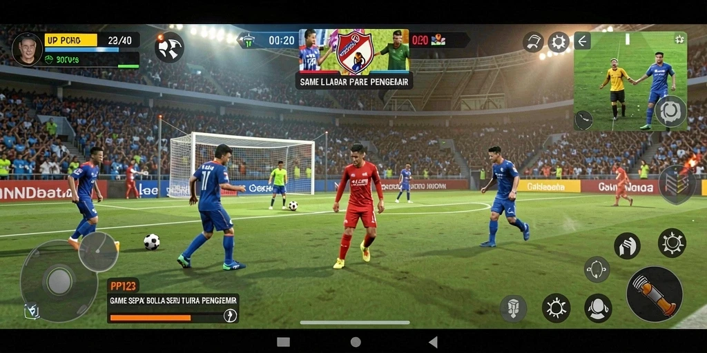 Tampilan gameplay PP123 yang menampilkan aksi sepak bola mendebarkan.