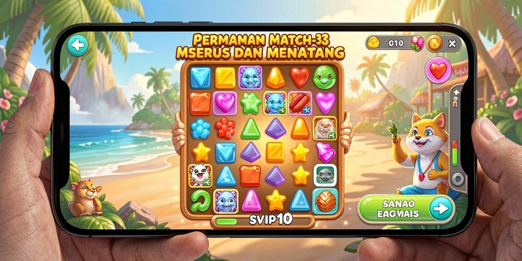 Screenshot utama menampilkan gameplay <strong>Match-3</strong> yang seru dan penuh warna.